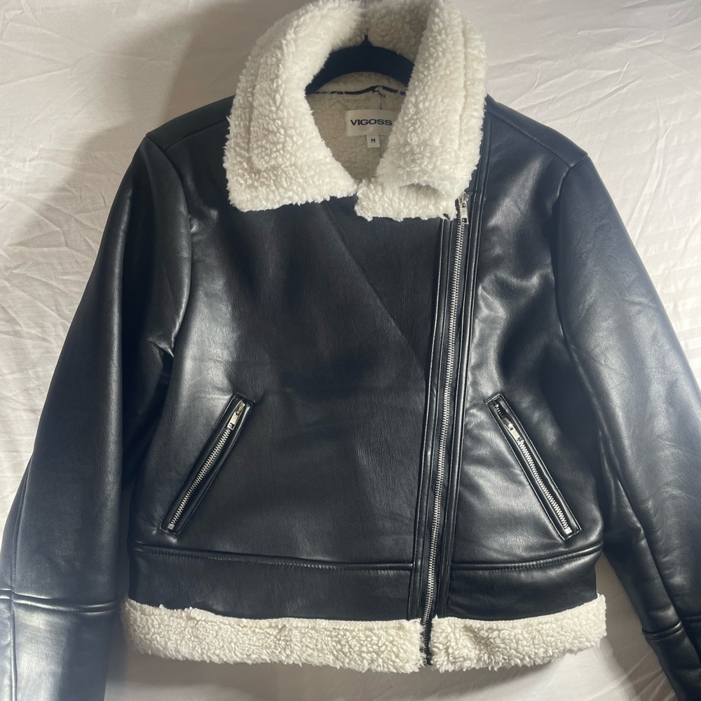 Vigoss Black Faux Leather Jacket with Cream Sherpa Trim‎